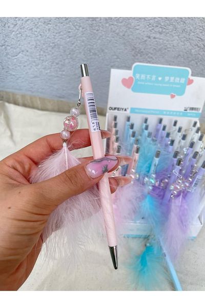 Planet Butik Glass Candy Figured Feathered Versatil Pen Pink