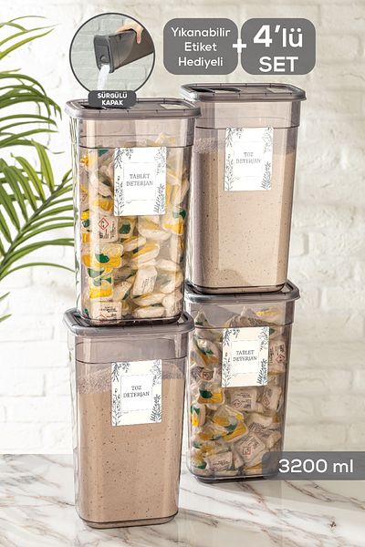 Meleni Home 4-Piece Vega Tablet Detergent Storage Container with Sliding Lid - Labeled Rectangular Storage Box 4x3.2 Lt