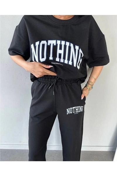 pandy Set de vară oversize negru cu imprimeu pentru femei