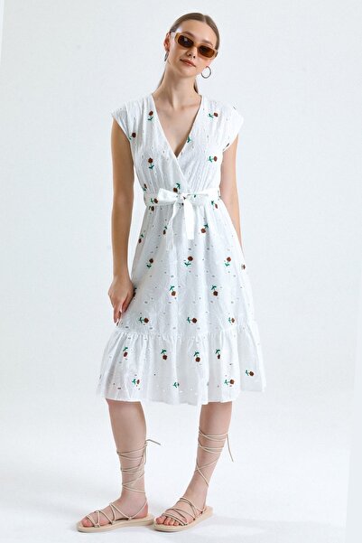 MD trend Women's Brown Lined Belted Floral Embroidered Sleeveless Double Breasted Brode Dress