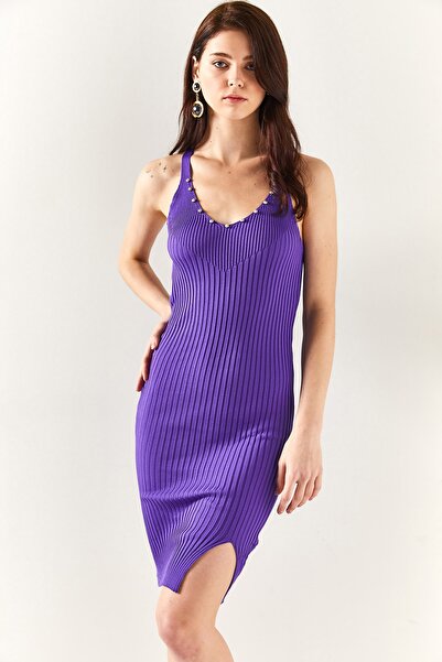 Olalook Γυναικείο μωβ μπροστινό πίσω πέτρινο V φόρεμα με λεπτομέρειες με ραβδώσεις ELB-19001904