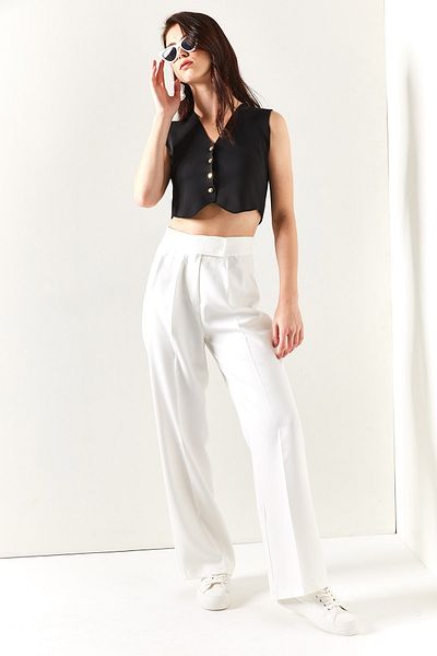 Olalook Pantaloni Palazzo plisați cu velcro alb pentru femei PNT-19000222