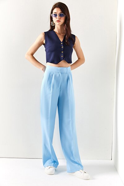 Olalook Kadın Bebe Mavi Beli Cırtlı Pileli Palazzo Pantolon PNT-19000222