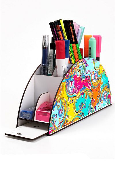 kutuTR Wooden Vip Various Patterns Rainbow Ruled Desktop Pen Holder Organizer Assembled Boxed