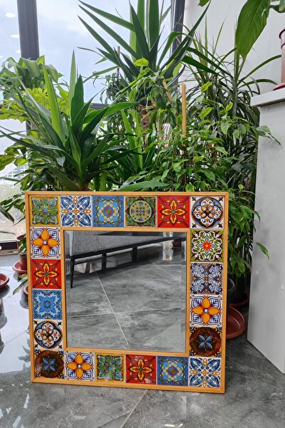 bluecape Doğal Ağaç 60x60 Cm Çini Seramik Kayın Çerçeveli Dekoratif Ayna