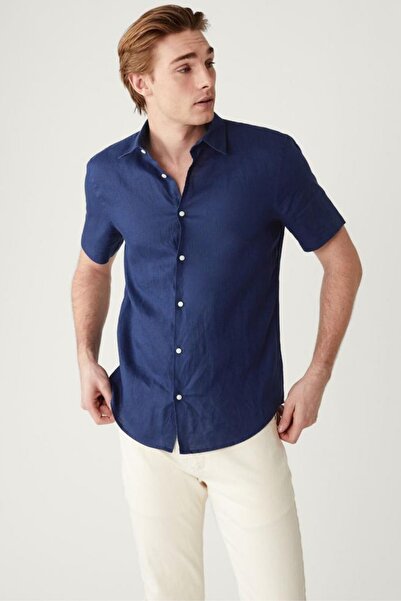 alenmeza Чоловіча синя сорочка з короткими рукавами, 100% льон, сучасний крій, без кишень
