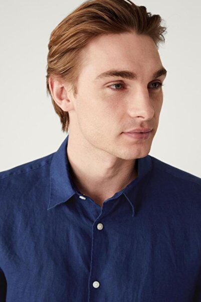 alenmeza Чоловіча синя сорочка з короткими рукавами, 100% льон, сучасний крій, без кишень