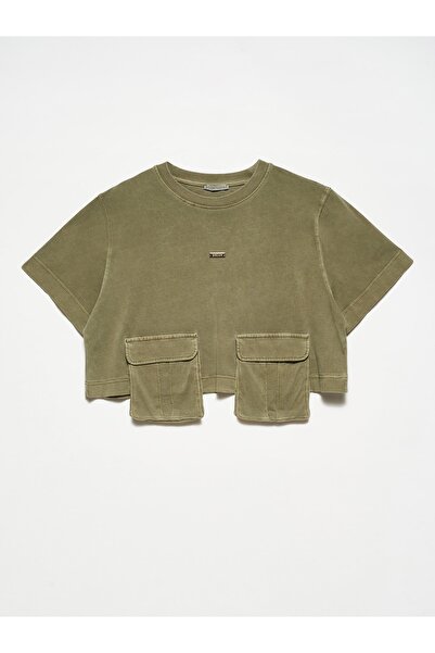 Dilvin 30244 Faded Effect Cargo Pocket T-Shirt-Khaki