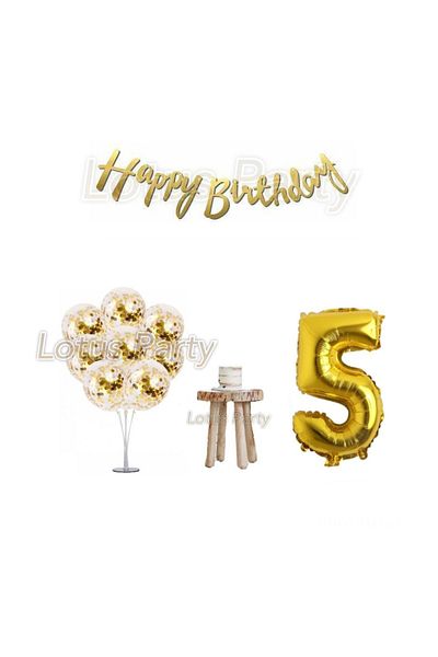 LOTUS PARTY Σετ γενεθλίων 5 ετών Gold Minimal Stand Balloon Gold Foil Balloon Gold Sequin Balloon Gold Happy Birthday