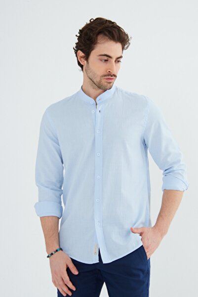 RAVANELLI Blue Prevailing Collar Modern Slim Fit Linen Look Flam Long Sleeve Men's Shirt