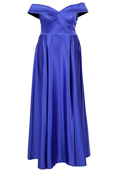 SpringStore Saks Düşük Omuz Saten Büyük Beden Abiye Elbise