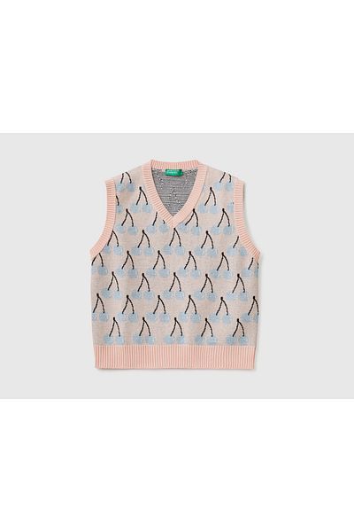 United Colors of Benetton Boy's Mix Fruit Patterned Knitwear Sweater Beige Mix