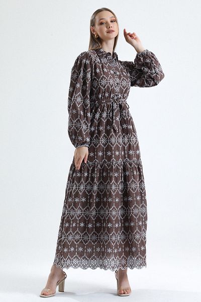MD trend Women's Brown Balloon Sleeve Buttoned Lined Belted Patterned Long Embroidery Dress