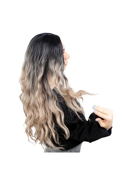 KONAK PERUK Long Fiber Synthetic Water Wave Wig - Black/Ash Platinum Ombreli
