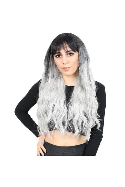 KONAK PERUK Long Water Wave Fiber - Riveted Synthetic Wig Black/Light Grey Ombrel