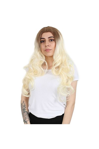 KONAK PERUK Platinum Long Ombreli - Dense Wavy Fiber Synthetic Wig, Honey Foam without Rivet