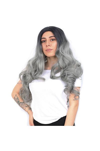 KONAK PERUK Black / Grey Ombreli Long Fiber Synthetic Dense Wavy Wig