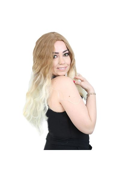 KONAK PERUK Long Water Wave Rivetless Fiber Wig - Platinum Medium Ombreli Honey Foam