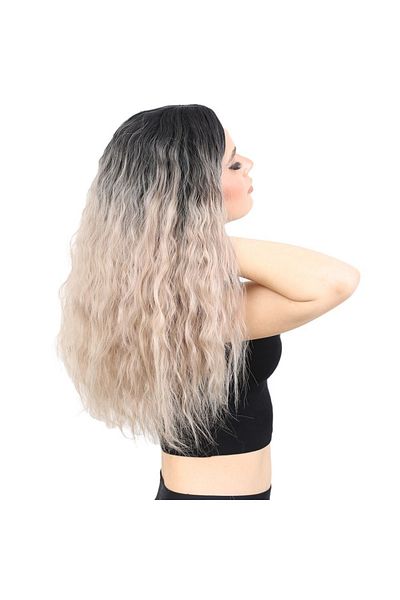 KONAK PERUK Fluffy Wavy Long Fiber Synthetic Wig - Black / Ashy Baby Yellow Ombreli