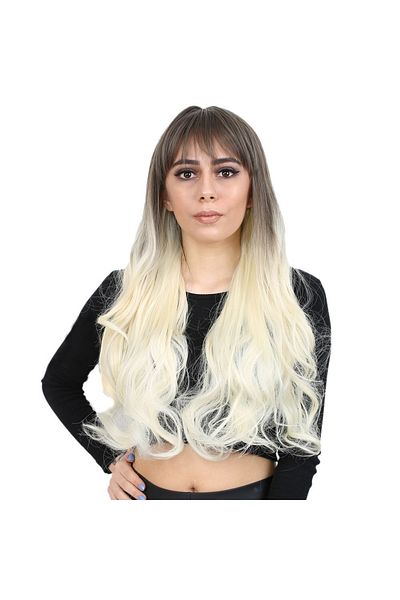 KONAK PERUK Long Wavy Bangs Fiber Wig - Light Brown/Platinum Ombreli