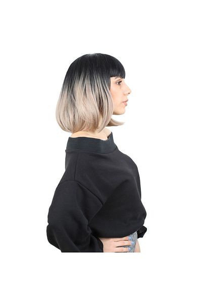 KONAK PERUK Fiber Synthetic Wig - Short Blunt, Perch, Black/Ash, Baby Yellow Ombreli