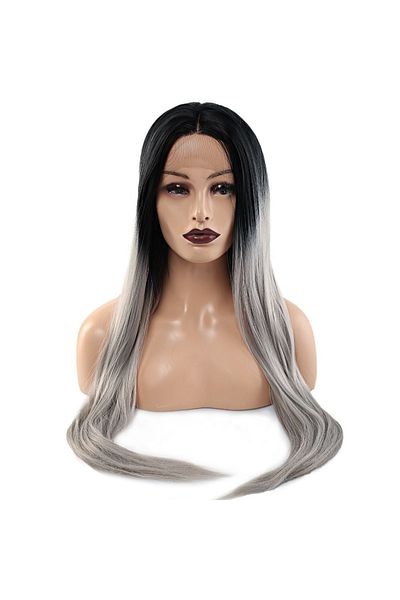 KONAK PERUK Black Grey Ombreli Fiber Synthetic Long Tulle Wig