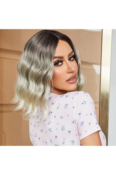 KONAK PERUK Platinum Colored Brown/White Ombreli Blunt Tulle Wig