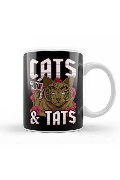 Baskı Dükkanı Funny Cats & Tats Inked Tattoo Obsessed Cat Lover Mug Cup Porce...