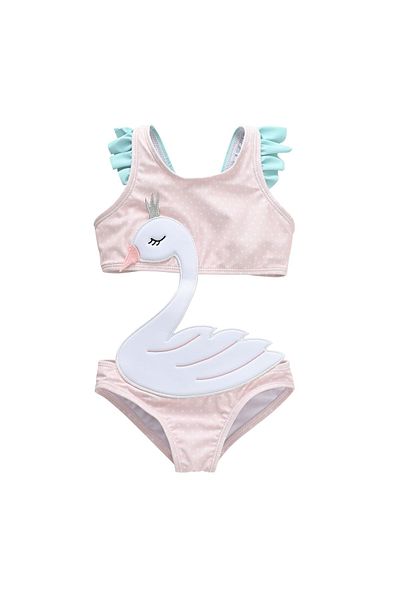 Petityu Pink Swan Swimsuit Girl Baby Children's Swimsuit 6 Years- 7 Years