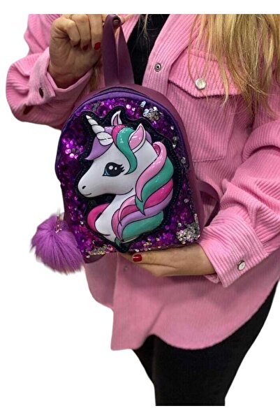 DZC KUZENLER AVM Kız Çocuk Çanta Unicorn Işıklı Pullu Payetli Ponponlu Sırt Ç...