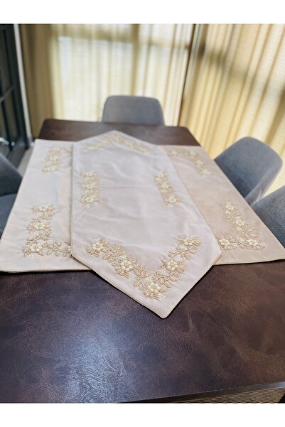 ELSAY Elyapımı Bej Krem Gold Masa Örtüsü Seti Runnır Ve Kare Kadife,çeyizlik,...