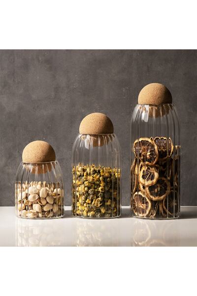 morponi طقم وعاء زجاجي مخطط مكون من 3 قطع مع غطاء من الفلين ووعاء توابل