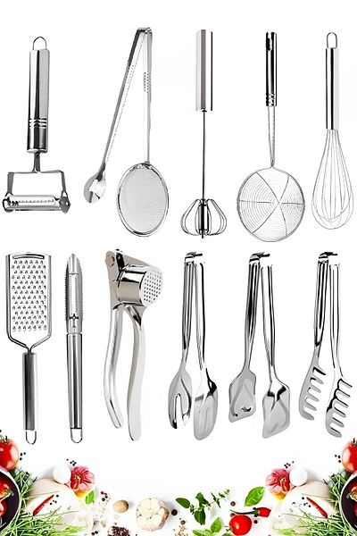 Trouvaille Colander Ladle Mixer Wire Beater Grater Garlic Crusher Salad Cake Pasta Oil Tongs 11 Pieces