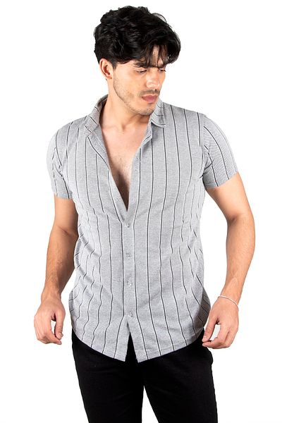 DeepSEA Men's Grey-black Line Patterned Lycra Short Sleeve Combed Cotton Shirt2305099