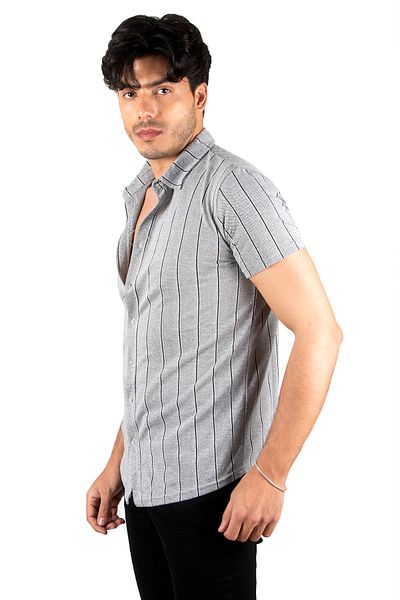 DeepSEA Men's Grey-black Line Patterned Lycra Short Sleeve Combed Cotton Shirt2305099