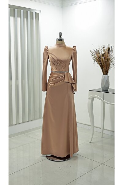 Rana Zenn Saten Taş Detaylı Drapeli Venna Tesettür Abiye Rose