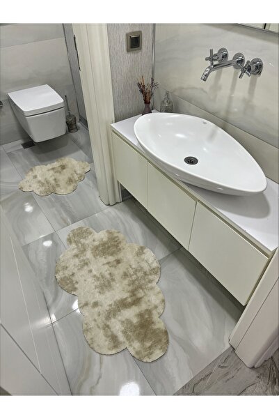 Shal&Shal 2-компонентен лазерно изрязан килим за баня с мотив облаци, бежов флис