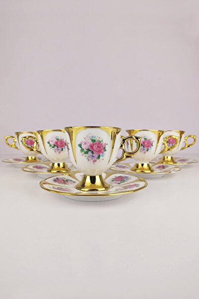 Digithome Gilded Coffee Cup Set for 2 People - Gold Kosova Porcelain Ist-142 C320.049