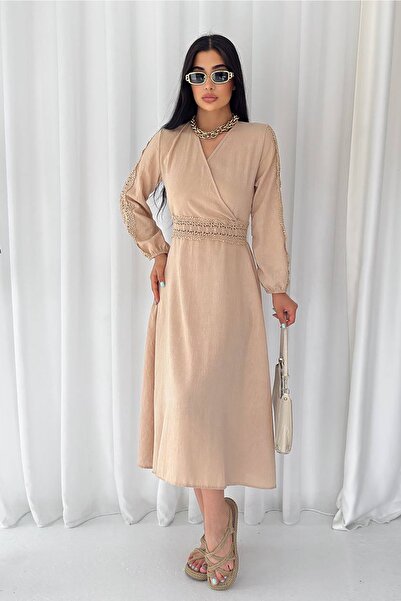 Neşeli Butik Μπεζ γυναικείο φόρεμα επιστροφής στο σπίτι - Guipure Detailed Kklf11