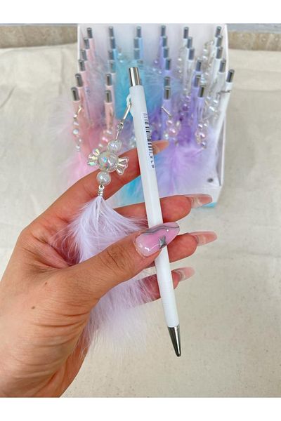 Planet Butik Glass Candy Figured Feathered Versatil Pen White