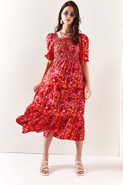 Olalook Women's Red Small Floral Elastic Casual Woven Viscose Dress ELB-19001483