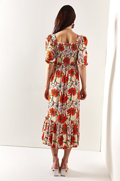 Olalook Kadın Bej Turuncu Gipeli Salaş Dokuma Viskon Elbise ELB-19001483