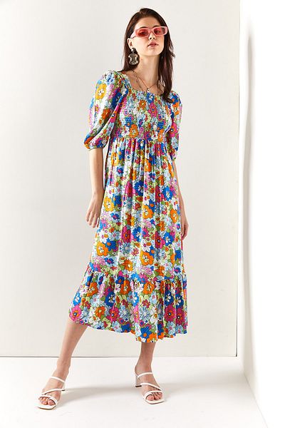 Olalook Women's Baby Blue Orange Elastic Casual Woven Viscose Dress ELB-19001483