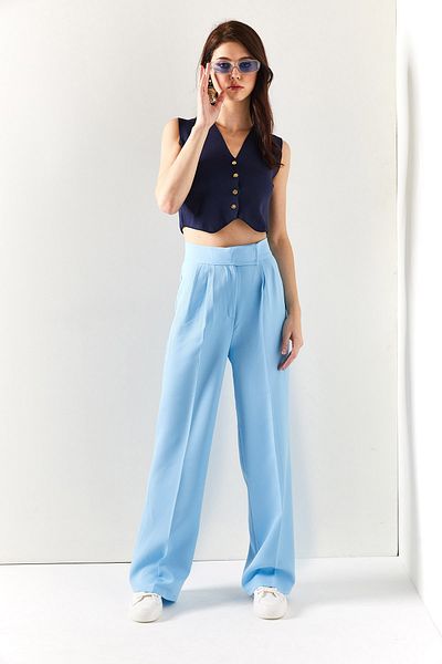 Olalook Women's Baby Blue Velcro Waist Pleated Palazzo Pants PNT-19000222