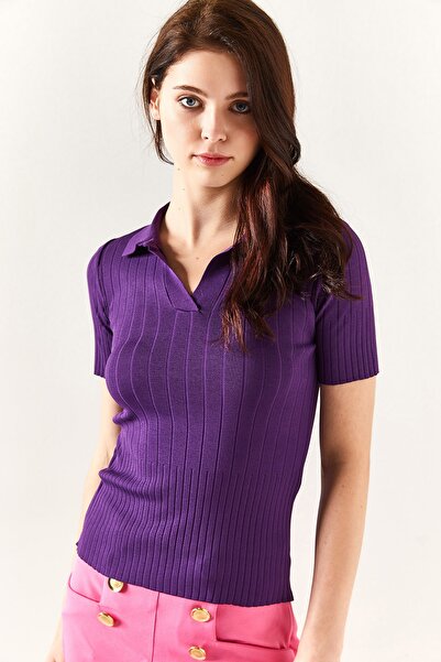 Olalook Dámská fialová halenka se šňůrkou s polo výstřihem BLZ-19001833