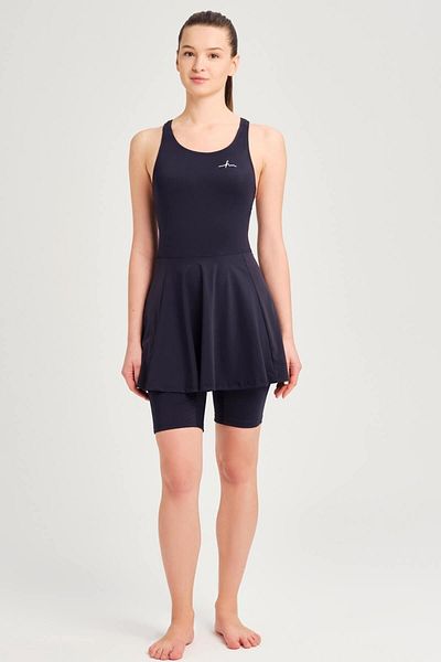 Haşema Navy Blue Jumpsuit with Swimmer Back Skirt and Mesh Detail