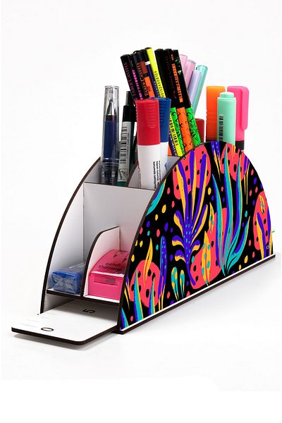 kutuTR Wooden Vip Colorful Models Desktop Pen Holder Organizer with Rainbow Ruler Assembled Box