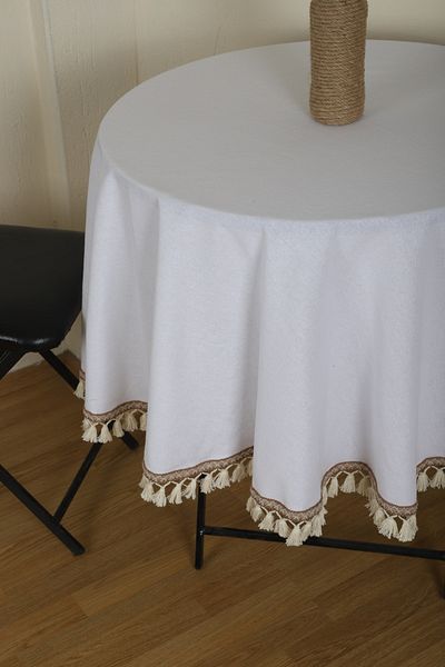 NDC HOME Față de masă rotundă cu pompon cu dungi de in alb