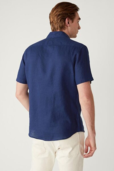 alenmeza Чоловіча синя сорочка з короткими рукавами, 100% льон, сучасний крій, без кишень