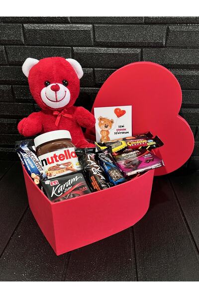 lenostra Sevgiliye Hediye - Kalp Kutuda Kırmızı Ayıcık - Nutella Ve Bitter Çi...